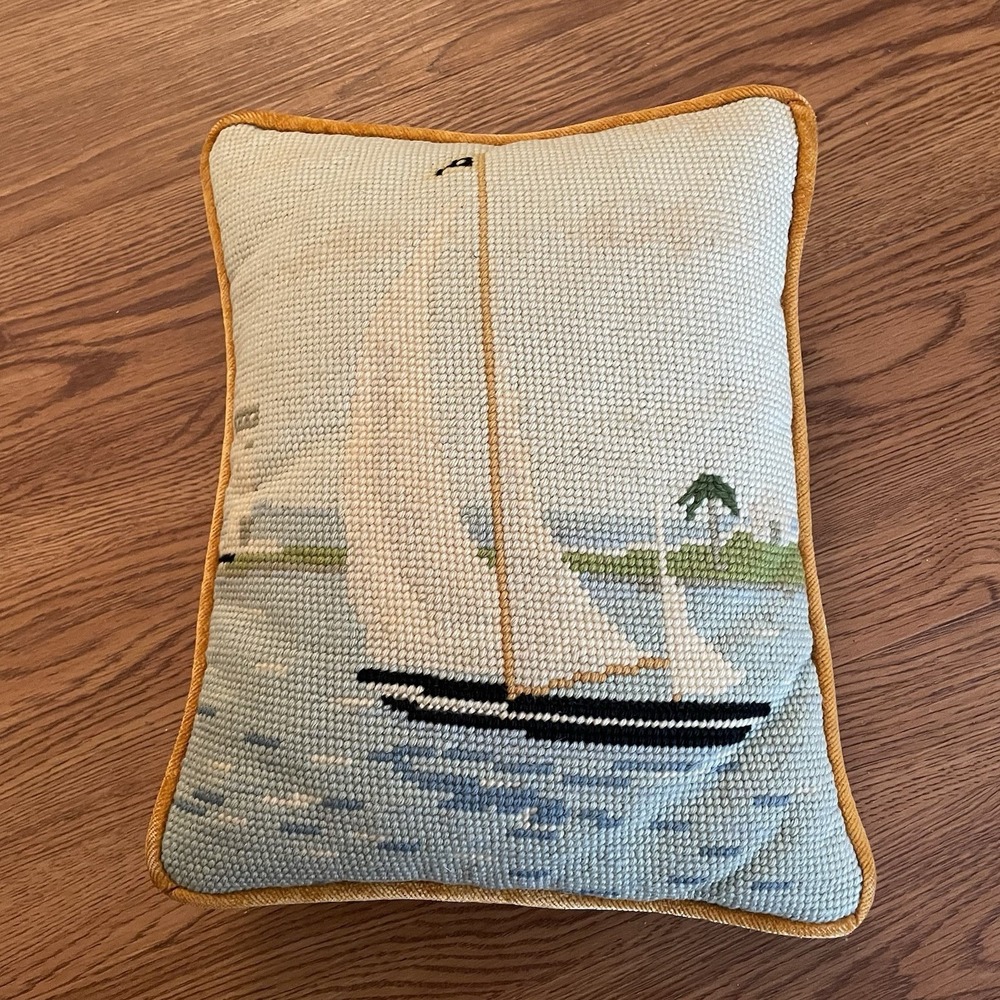 Vintage Nautical Sailboat Wool Needlepoint Pillow Velvet Back 12 X 9 Coastal